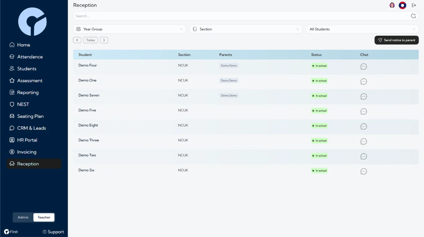 The reception screen, showing which students are in school with their linked parent contacts.